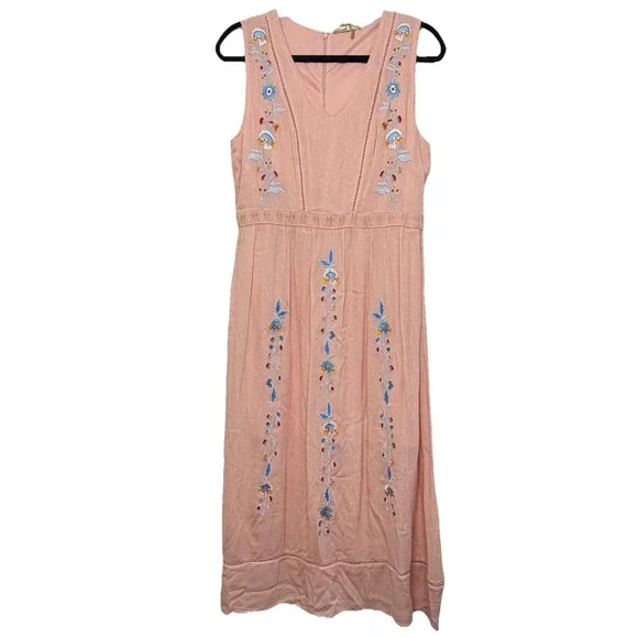 Entro Peach Embroidered Midi Dress Boho Floral Sleeveless Empire Waist Size L - Picture 2 of 14